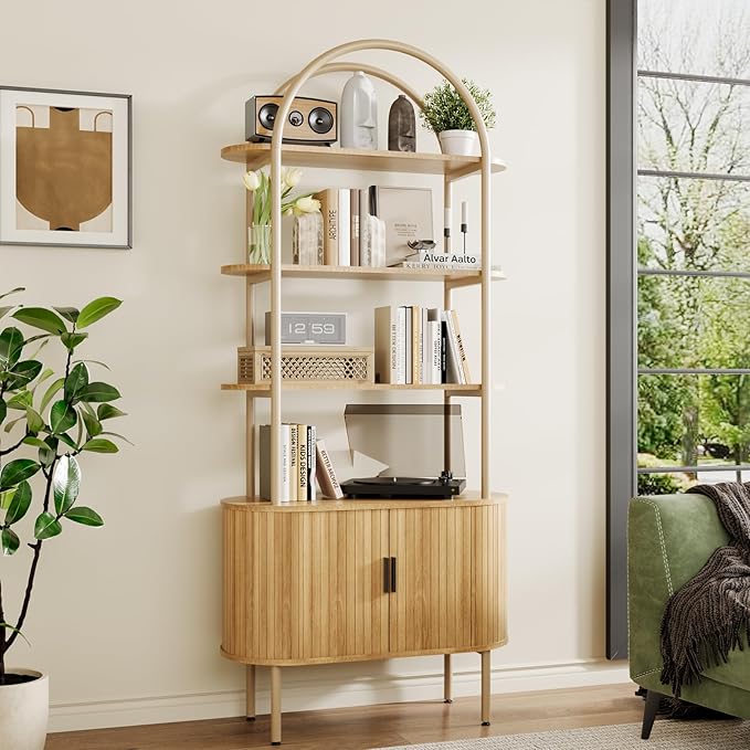 BREEZEHEAT Fluted Arched Bookshelf, 71" Tall Bookshelf with Sliding Tambour Doors, 4-Tier Open Display Storage Shelf, and Metal Frame, Curved Cabinet for Living Room, Home Office, Bedroom, Natural