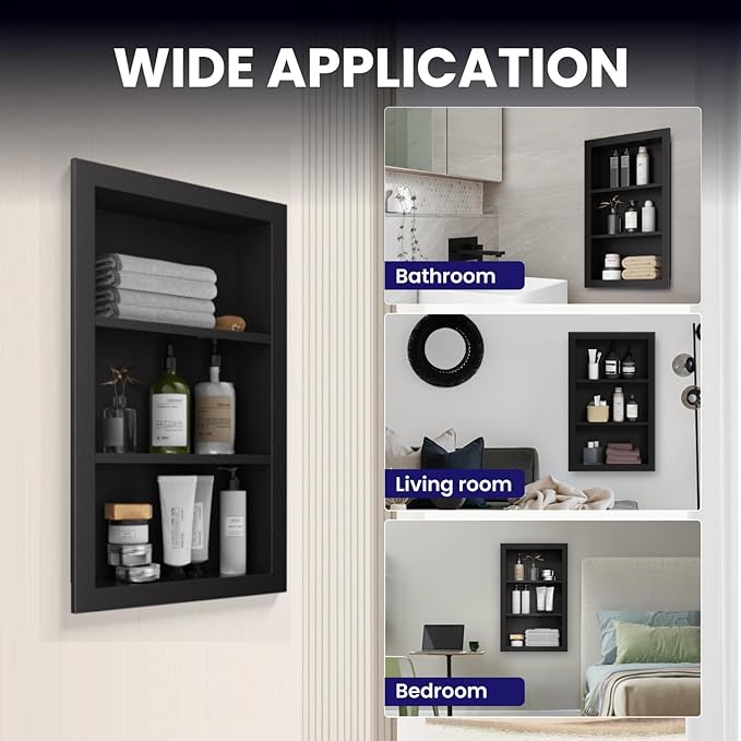 14" x 24" Stainless Steel Shower Niche, 3-Tier Waterproof Shelves, No-Tile Needed Bathroom Organizer, Rustproof Wall Shelf for Shampoo, Soap & Toiletries, Black