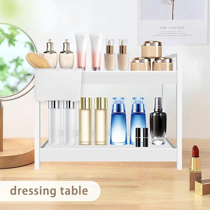 Bathroom Organizer with Basket & Hooks, 2 Tier Bathroom Organizers and Storage for Perfume, Cologne or Spice, White Countertop Organizer for Vanity, Kitchen, Office or Under Sinks