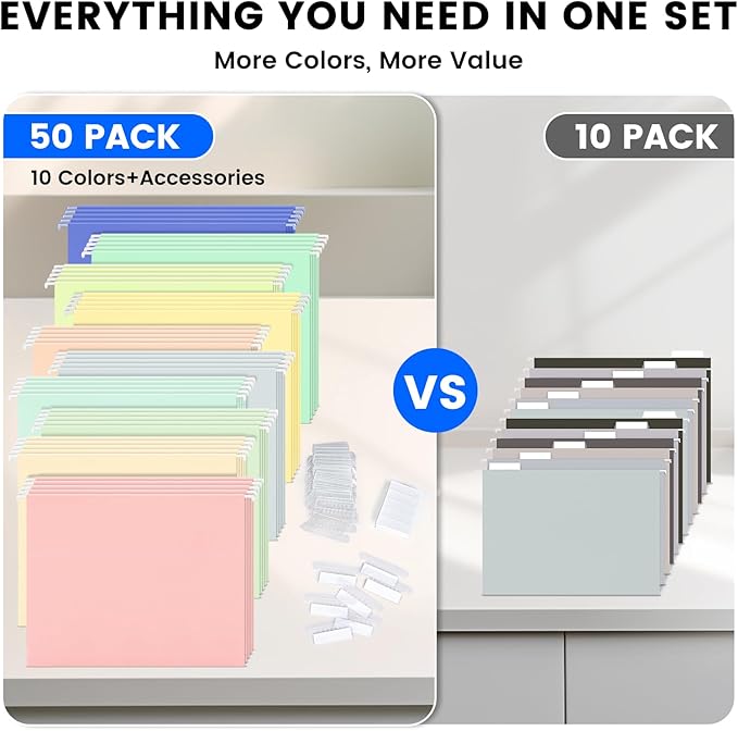 50-Pack Morandi Hanging File Folders, Letter Size with 55 Transparent Label Cards, 60 Sticker Labels,1/5-Cut Tabs–Home Office & Filing Cabinets