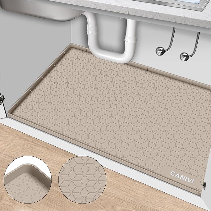 Under Sink Mat, 34" x 19" Waterproof Silicone Under Sink Tray for Kitchen & Laundry Cabinets, Kitchen Cabinet Shelf Protector, Up to 3.3 Gallons Liquid, Fits 36 inch Standard Cabinet Apricot