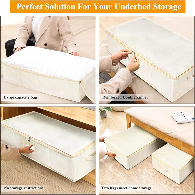 punemi Underbed Storage, 2 Pack Clothing Storage Bags W/Upgraded Handles, Large Capacity Underbed Shoe Container Organizer, Dorm Essentials Bins for Blanket, Pillows, Comforters & Quilts, Beige