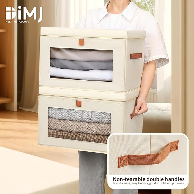 DIMJ Storage Bins with Lids - 5 Pack Large Fabric Closet Organizer with Window & Handles, Collapsible Decorative Storage Boxes for Shelves Under Bed, Books Clothes Blankets Sweaters Organization