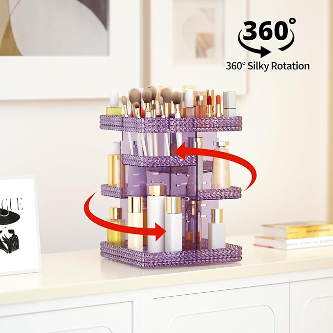 Rotating Makeup Organizer, Large Capacity Cosmetic Display Case, Acrylic Skincare Organizer with Makeup Brush, Makeup Storage Organizer for Dresser Countertop and Bathroom Vanity - Purple