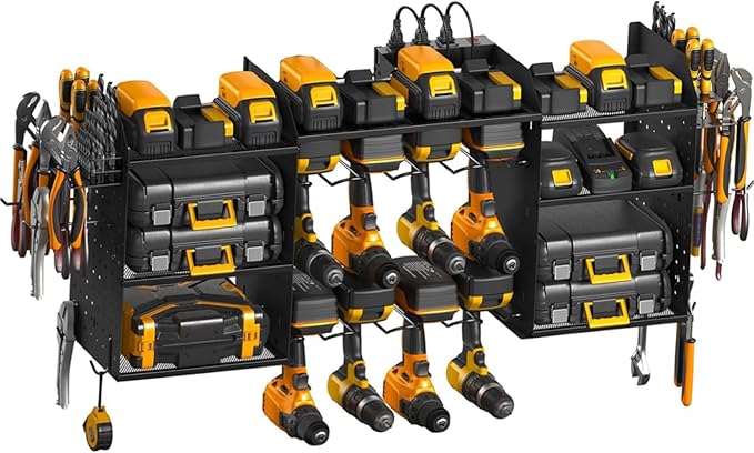 Power Tool Organizer Wall Mount, 3 Layer Tool Storage Rack, Drill Bit Heavy Duty Rack, Heavy Duty Metal Power Tools Storage Rack Tools Shelf with Charging Station for Garage Organization