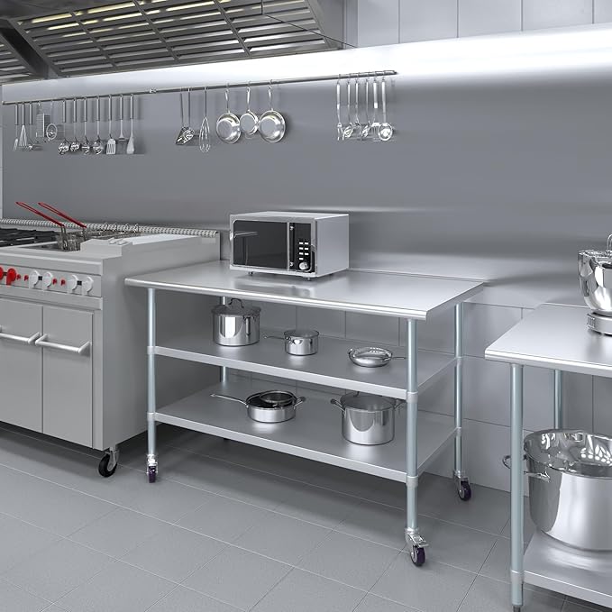 AmGood Stainless Steel Work Table with 2 Shelves and Casters | Metal Utility Table On Wheels (Stainless Steel Work Table with 2 Shelves + Casters, 60" Long x 30" Deep)