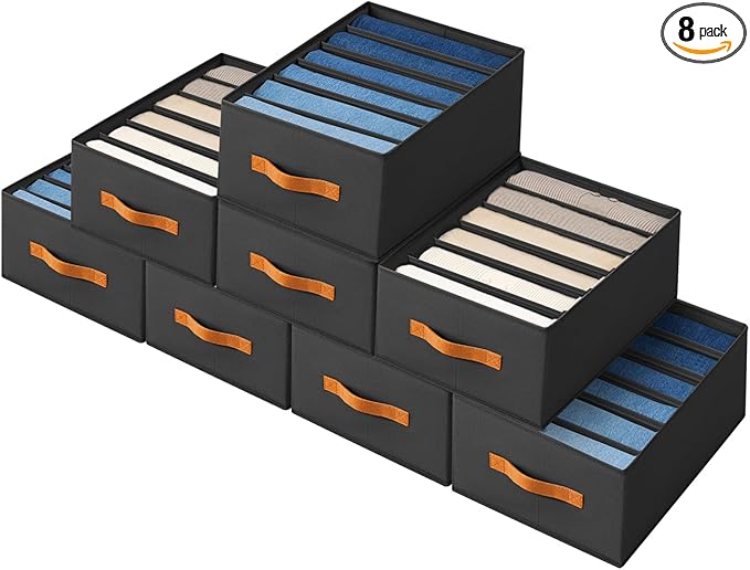 Closet Organizers and Storage - Fabric Clothes Organizer with Handles, Foldable Jeans Organizer for Clothes, Drawer Organizer for Shirts, Bra, Sweater, Scarf, 8 Pack, Black