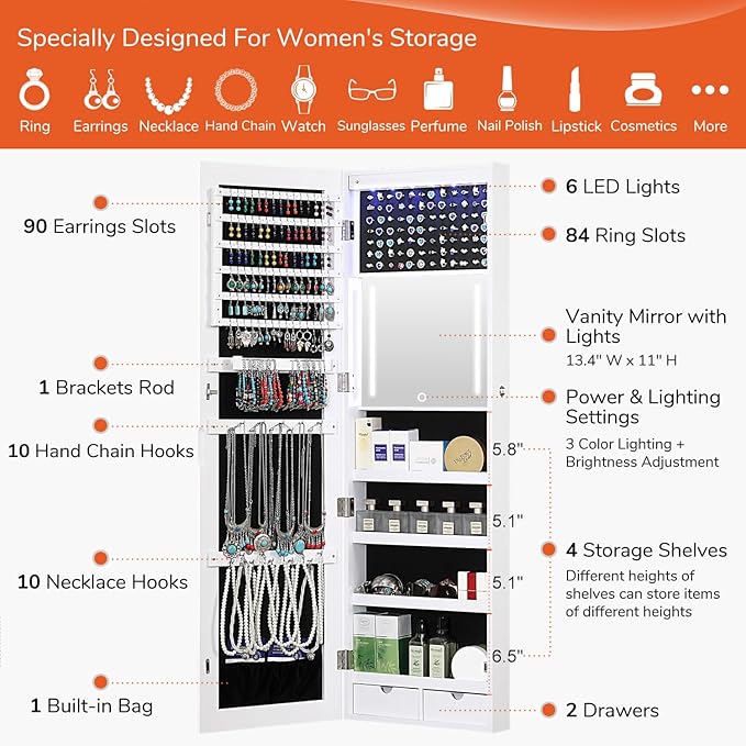 GISSAR Mirror Jewelry Cabinet, LED Wall Door Mount Full Length Jewelry Armoire with Makeup Mirror and Jewelry Storage, Large Capacity Lockable Jewelry Organizer, Vanity Mirror with Lights, White