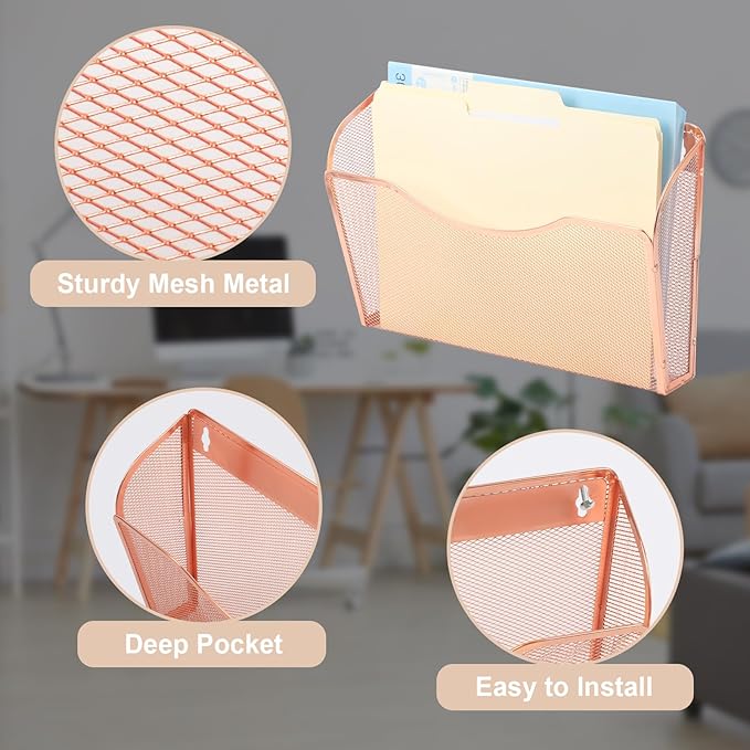 EASEPRES 3 Single Pocket Mesh Hanging File Organizer, Vertical Wall Mounted Magazine File Holder, Mount Basket Mail Paper Document Folder Organizing for Office, Home and School, Rose Gold