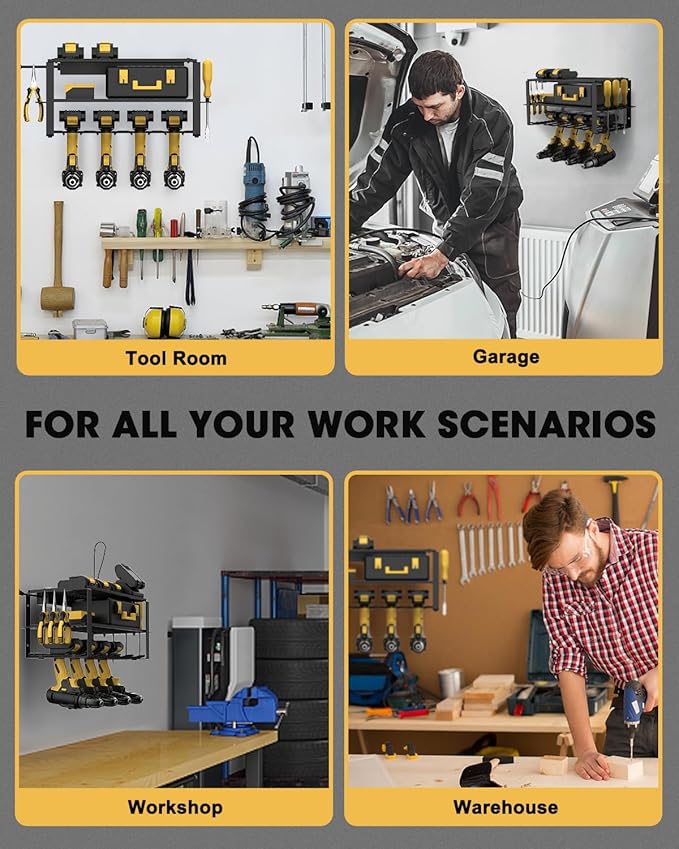 Wall Mount Power Tool Organizer and Charging Station - 6 AC Outlets, 3 Layers for Drills, Great as Heavy Duty Garage Tool Rack