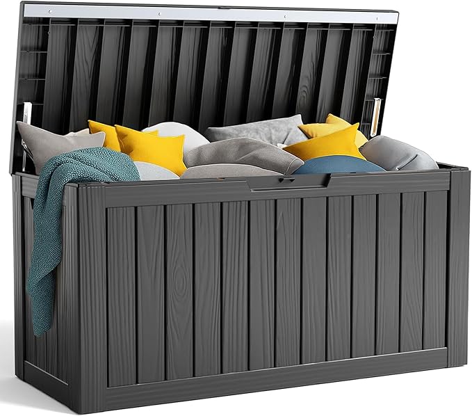 80 Gallon Resin Deck Box, Lockable Outdoor Storage Box for Patio Cushions Storage Furniture,Garden Tools, Pool Supplies, Weatherproof and UV Resistant- Black (80 Gallon)