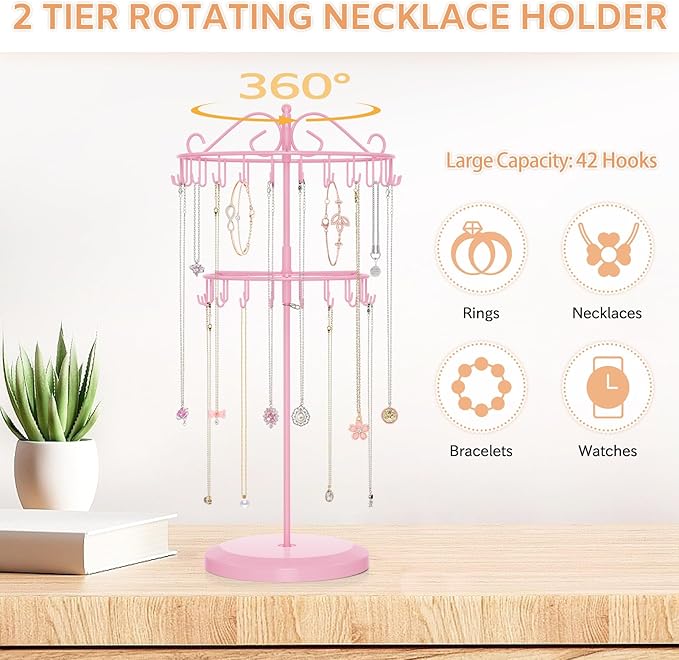 iDavosic.ly 2 Tier Rotating Necklace Holder Organizer with 42 Hooks, Adjustable Metal Bracelet Display Stand Rack, Extra Tall Keychain Spinning Tree Tower for Women, Pink