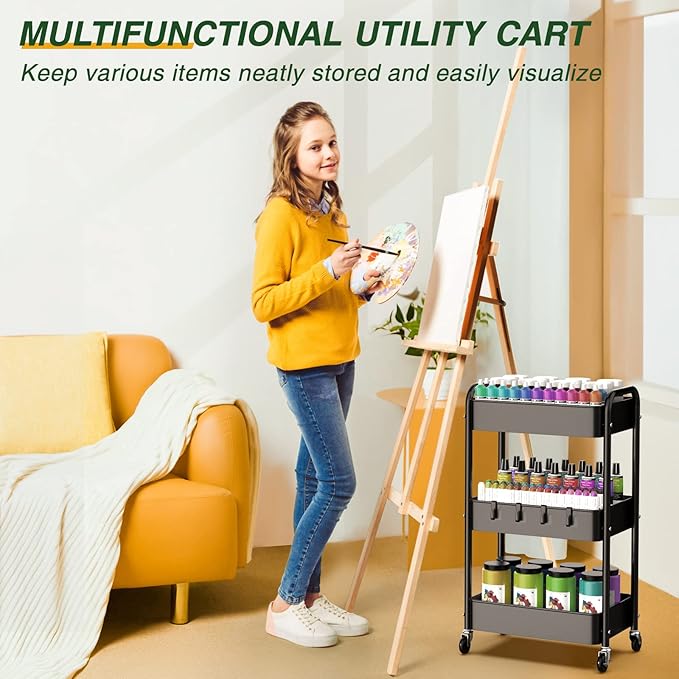 LEHOM 3 Tier Rolling Utility Cart, Metal Trolley Cart with Wheels, Hooks, Easy Assembly Organizer Storage Cart for Bathroom, Kitchen, Office, Bedroom(Black)
