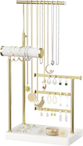 SZQINJI 5 Tier Jewelry Holder Organizer, Gold Jewelry Stand with Velvet Bracelet Holder, Adjustable Height Jewelry Display for Necklaces, Bracelets, Earrings, Rings, Gift Idea for Women, White