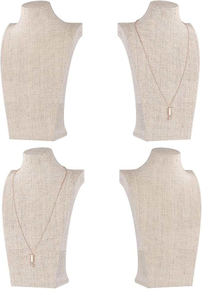 Necklace Bust Display Stand, Necklace Holder, Pendant Chain Necklace Organizer for Women (Yellow Linen, S 4PCS)