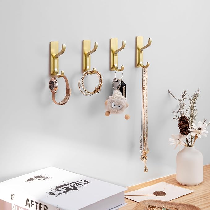 pickpiff Adhesive Wall Hooks for Hanging Towels: Brushed Gold Stainless Steel, 13LB Strong Hold Sticky Hangers for Coats, Purses,Bags, Keys - Bathroom, Kitchen, Door, Shower, Dorm, RV - 6 Pack