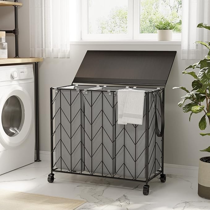 WOWLIVE Laundry Basket with Wheels, 142L Hamper 3 Section with Lid, Dirty Clothes Hamper with Removable Bags, Large Capacity Iron-Made Organizer Laundry Sorter for Dorm, Grey