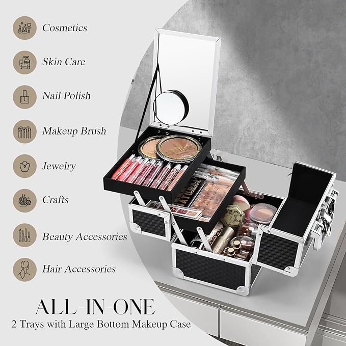 Joligrace Makeup Box Cosmetic Train Case Portable Makeup Organizer Case with Mirror 2 Tray Make up Storage Case for Nail Teach Craft Sewing Travel Vanity Modern Style Black