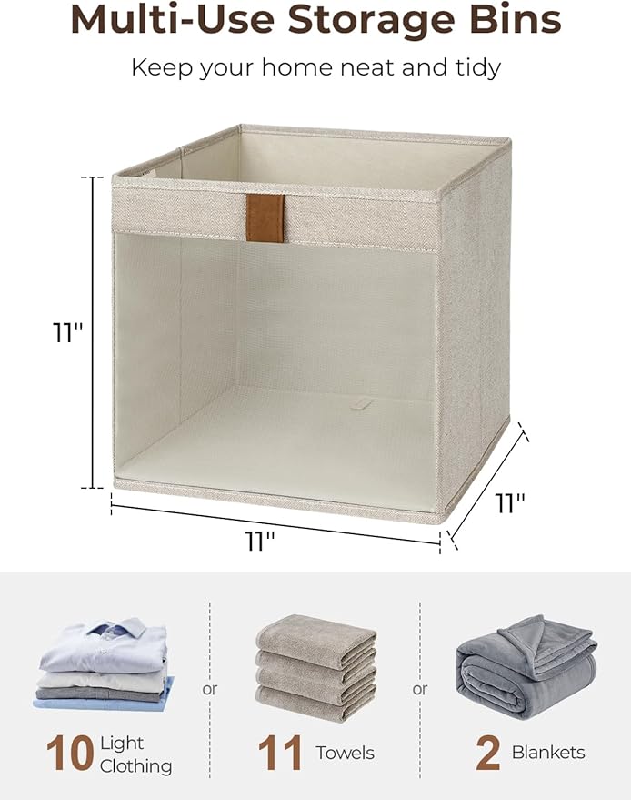 StorageWorks 11x11 Storage Cubes, Closet Storage Bins with Clear Window, Fabric Organizer for Clothes, Collapsible Storage Baskets with PU Handles, Brown and Beige, 3-Pack