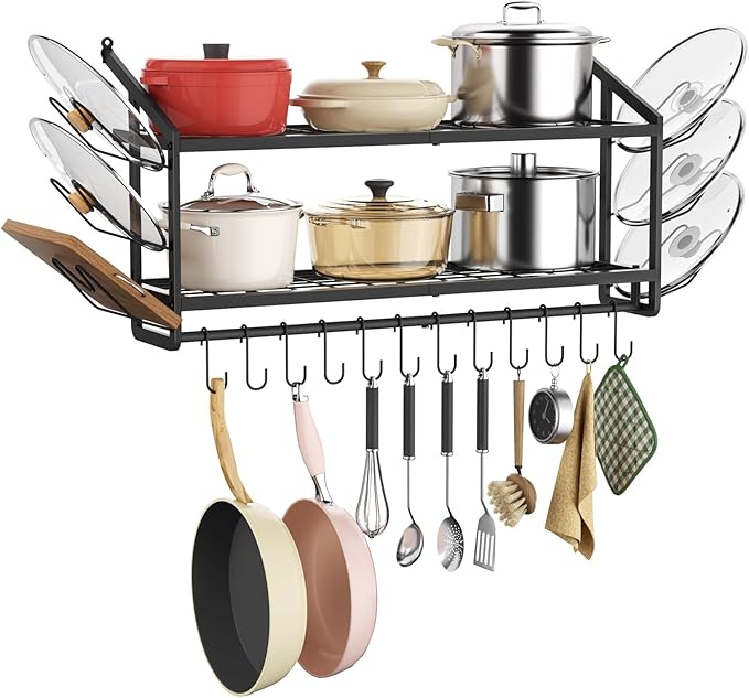 VOPEAK 30" Pot Rack Wall Mounted with 6 Detachable Pot Lid Holders,12 Adjustable S Hooks for Hanging Pans,2 Tier Black Heavy Duty Metal Shelves for pots and pans Organizer,200lbs Capcity,Space Saving
