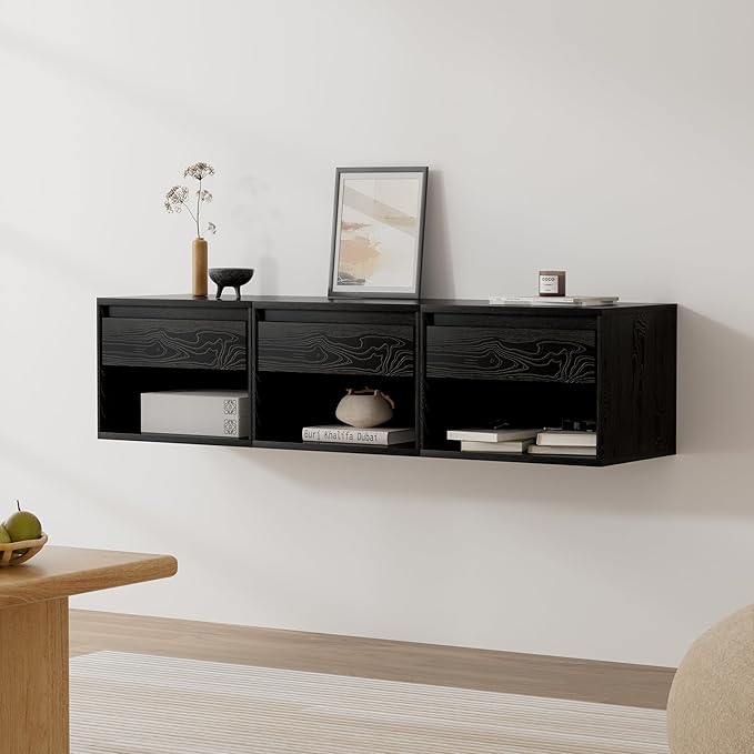 Floating Nightstand, Wall Mounted Bedside Table with Storage Drawer and Open Shelf, Modern Night Stand withHandless Design for Living Room, Bedroom, Dorm, Black