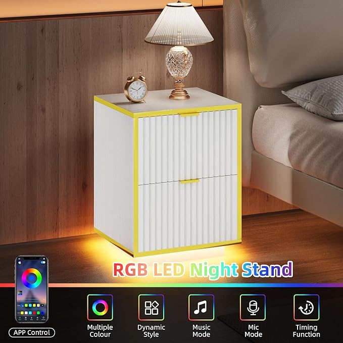 Fluted Nightstand Set of 2, White End Table with LED, Modern Floating Night Stand with Base, Bedside Table with Storage, End Table with Drawers for Bedroom, White and Gold