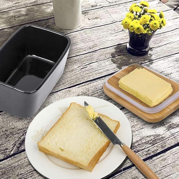 Butter Dish with Lid,Extra Large 650ml,Porcelain Keeper with Bamboo Lid Cover for 2 Sticks of Butter,Microwave Safe Easy Clean Butter Storage Container for Countertop Refrigerator (Black)