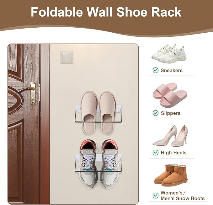 2-Pack Wall Mounted Shoe Rack, Wooden & Metal Foldable Shoe Rack - Space Saving Wall Shoe Holder for Entryway, RV, Camper, Closet, Apartment, Fits Various Shoes-White