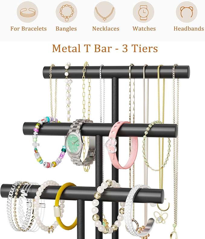 SZQINJI Bracelet Holder Display Organizer Stand, Necklace Holder Jewelry Holder Stand, Solid Wood Base with 3 Tier Metal T-bar for Bracelet Necklace Scrunchie Wristband Bangle Watch Ring, Black