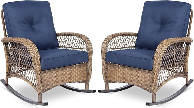 VIVIJASON 2 Piece Patio Wicker Rattan Rocker Chair, Outdoor Rattan Rocker Chair with Cushions & Steel Frame, All-Weather Rocking Lawn Wicker Furniture for Garden Backyard Porch (Navy Blue)