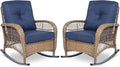 VIVIJASON 2 Piece Patio Wicker Rattan Rocker Chair, Outdoor Rattan Rocker Chair with Cushions & Steel Frame, All-Weather Rocking Lawn Wicker Furniture for Garden Backyard Porch (Navy Blue)