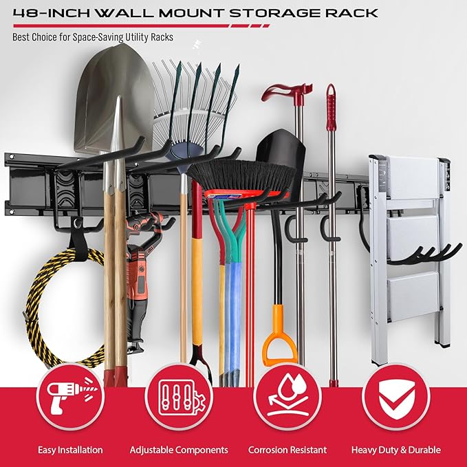 SEDY 48" Heavy Duty Garage Wall Organizer, Wall Mount Tool Storage Rack with Adjustable Hooks, Garden Tool Organizer Hold Up to 300lbs, Easy Installation (3 Panels, 8 Hooks, 3 Straps)