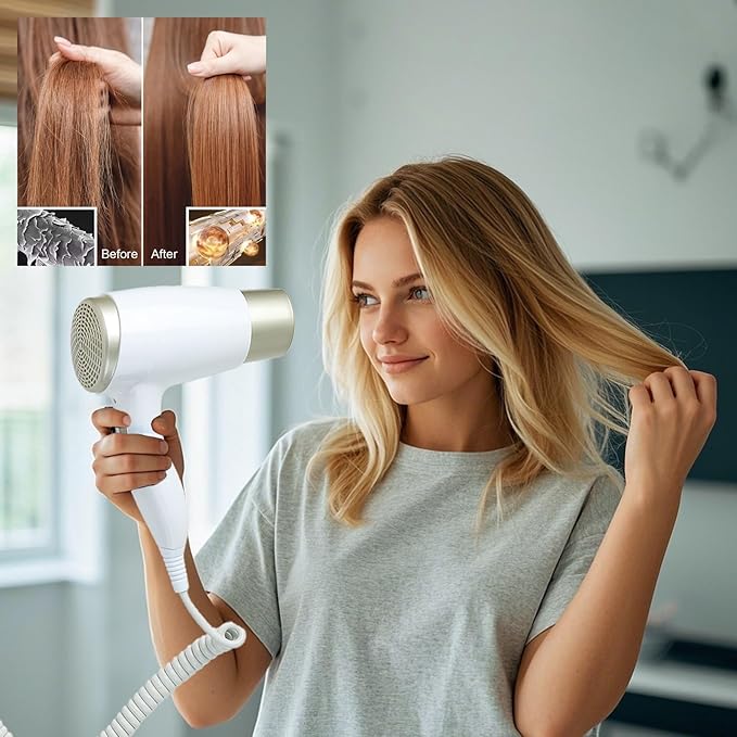 Wall Mounted Hair Dryer with USB Charging Port for Bathroom - 110V Professional Blow Dryer, Fast Drying Salon Motor & Dual Voltage Support, Includes Stand Rack, Screws+Adhesive