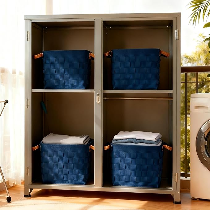 boldmonkey Storage Basket 3 Pack, 13" x13" x13 Large Blanket Baskets with Leather Handle, Cube Felt Fabric Storage Box for Shelves, Bedroom, Nursery, Living Room -Navy blue
