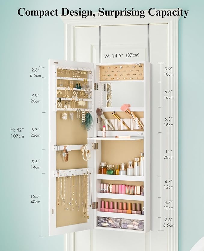 LUXFURNI Mirror Jewelry Cabinet Wall Mounted with lights, 42" Tall Over The Door Hanging Jewelry Armoire, 3 Color Modes Jewelry Mirror Storage, Vanity Table with Interior Mirror, White
