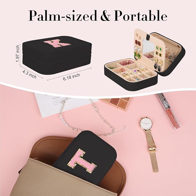 TopPerfekt Travel Jewelry Case, Jewelry Box with Mirror, Jewelry Organizer Bridal Shower Gifts to Her, Earring Storage Travel Case, Trendy Gift for Women and Girls, Girlfriend-Letter T, Black