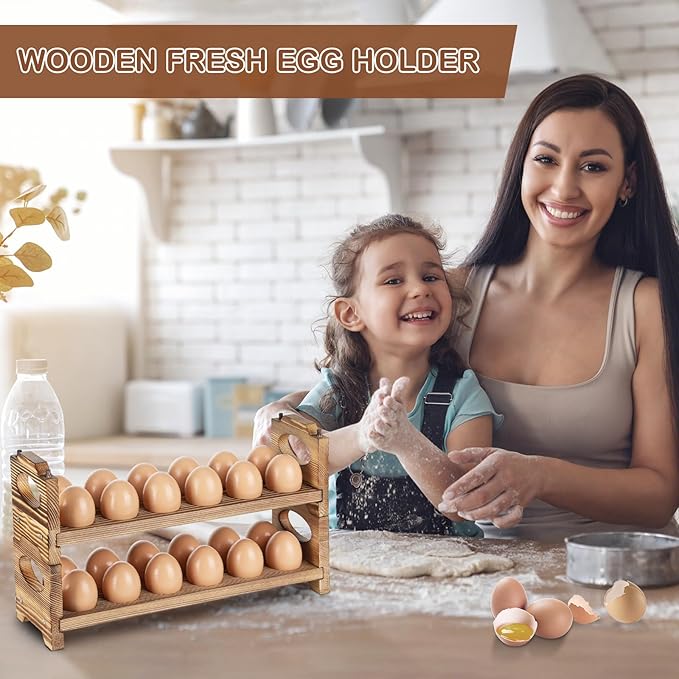 Wooden Egg Holder with 4 Layers/48-Hole, Stackable Wood Egg Rack Countertop with Handle, Stores Chicken/Duck/Quail/Turkey/Easter Eggs