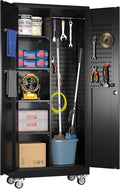 SUXXAN Broom Closet Storage Cabinet with Wheels 71.4"x 33.9"x16.9", Metal Cleaning Cabinets with Hooks and Hanging Rods, Lockable Cabinet with Pegboard, Adjustable Shelf,for Garage, Laundry Room