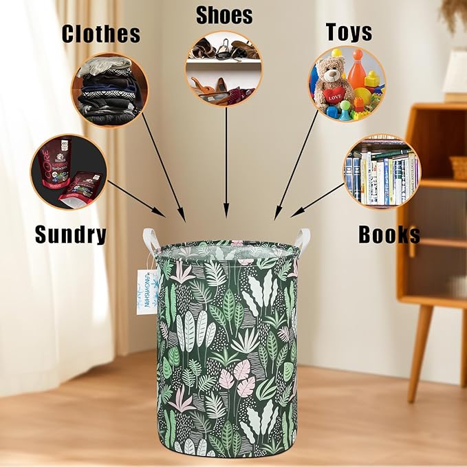 LANGYASHAN Laundry Basket Canvas Fabric Collapsible Organizer Basket for Storage Bin Toy Bins Gift Baskets Bedroom Clothes Children Nursery Hamper (Round Leaf)