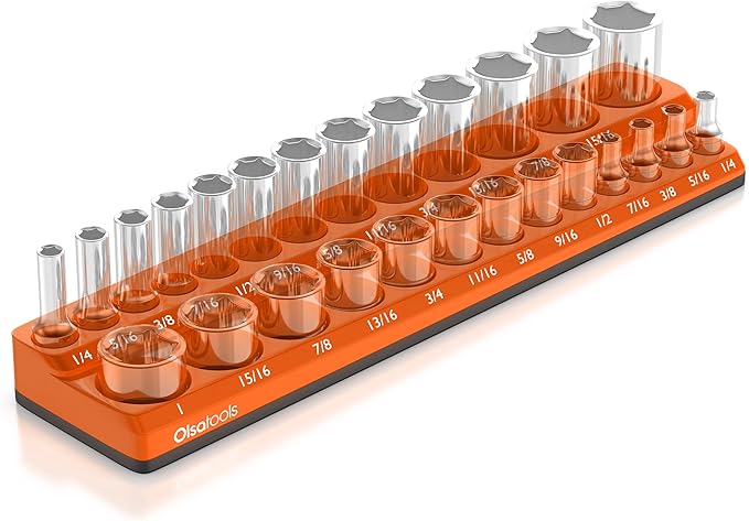Olsa Tools Magnetic Socket Organizer | 3/8-inch drive | SAE Orange | Holds 26 Sockets | Professional Quality Tools Organizer