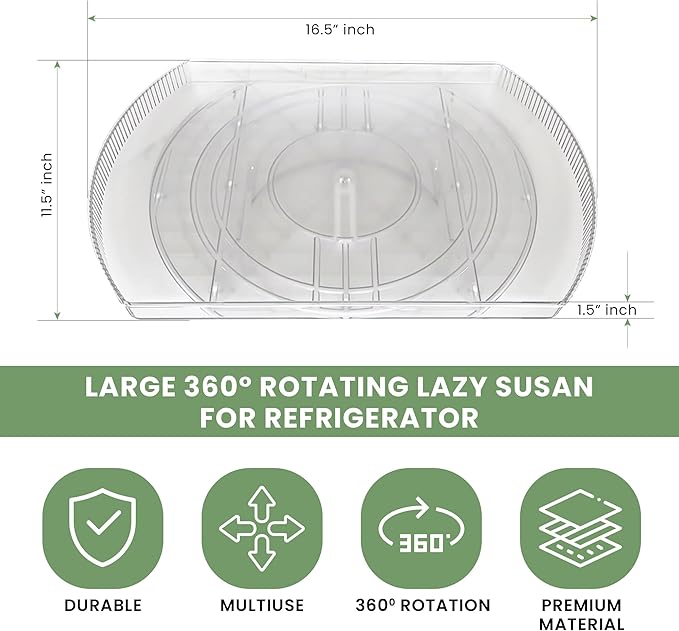NOSTA Home 360° Rotating Lazy Susan for Refrigerator| Rectangular Fridge Organizer | Cabinet, Pantry, Refrigerator Organizers and Storage | Effortlessly Refrigerator Organizing Solution (16.5 x 11in)