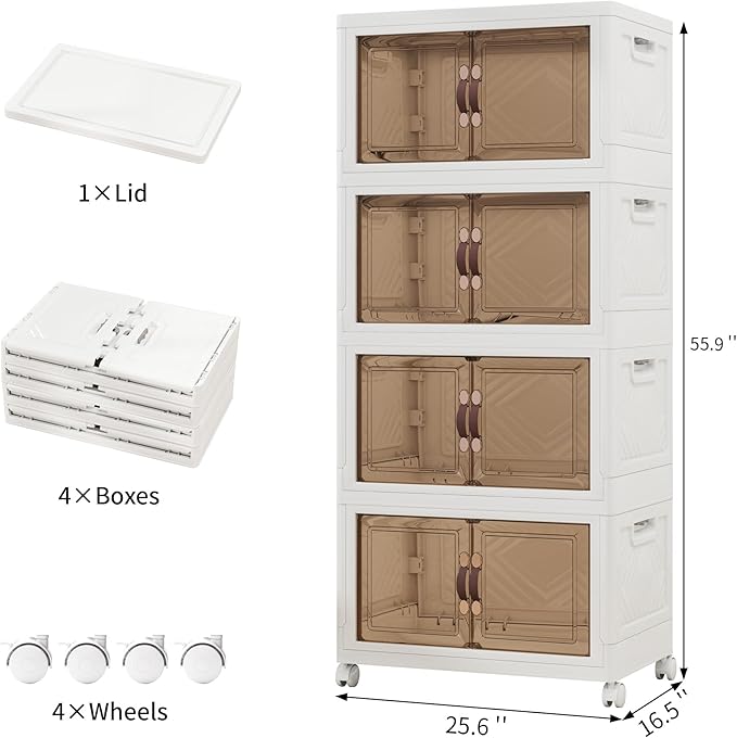 Storage Bins with Lids and Wheels, Collapsible Bathroom Storage Cabinet with Clear Doors, Plastic Stackable Closet Organizers and Storage Containers White 398 QT
