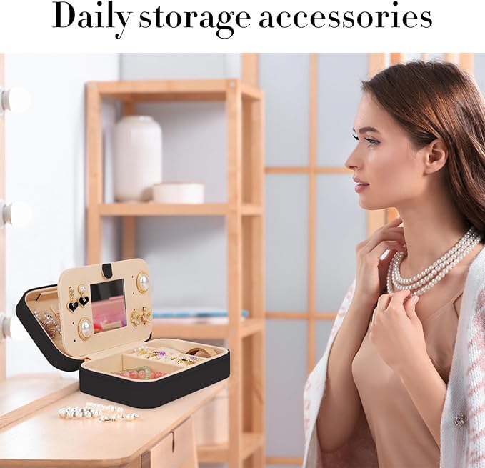 TopPerfekt Travel Jewelry Case, Jewelry Box with Mirror, Jewelry Organizer Bridal Shower Gifts to Her, Earring Storage Travel Case, Trendy Gift for Women and Girls, Girlfriend-pure Black