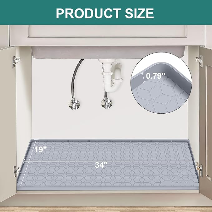 Under Sink Mat, 34" x 19" Waterproof Silicone Under Sink Tray for Kitchen & Laundry Cabinets, Kitchen Cabinet Shelf Protector, Up to 3.3 Gallons Liquid, Fits 36 inch Standard Cabinet Light Grey