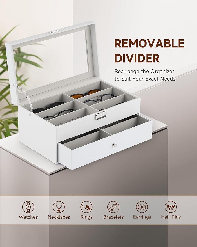 CO-Z Sunglasses Organizer with 12 Slots, Leather Eyeglasses Storage Box for Women Men, 2 Story Lockable Display Case for Multiple Glasses, Sunglasses Jewelry Collection Holder with Drawer, White