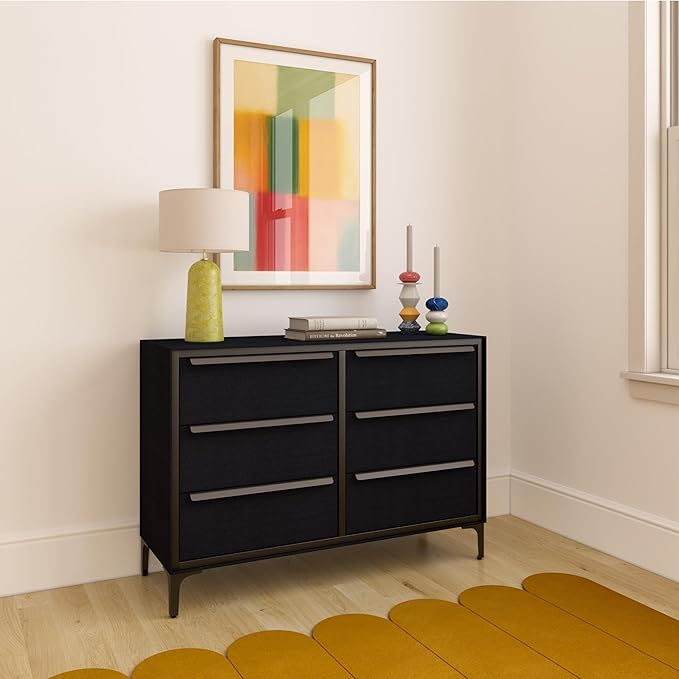 Naima Premium Fabric Dresser - Strong Metal Frame, 6 Spacious Sag-Proof Drawers with Sleek Metal Handles - Premium & Durable Storage Solution for Your Home (Black)