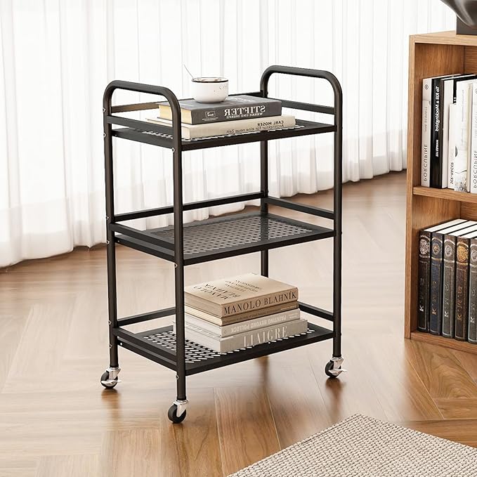 HDANI 3 Tier Rolling Cart,Heavy Duty Multifunctional Metal Frame-Supports 22 Lbs Per Tier,Mesh Rolling Cart with 2 Lockable Wheels for Office,Home,Bedroom,Kitchen,Bathroom,Black