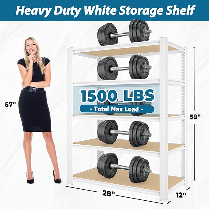 PrimeZone 28" W x 12" D x 59" H Closet Storage Shelves - 5 Tier White Metal Connector Shelving, Adjustable Heavy Duty Garage Shelves, Utility Rack Organizer Shelf for Kitchen Pantry Closet, 4 PCS