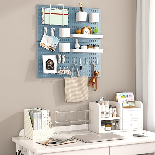 Peg Board Combination Kit, 8 Pegboards with 40 Accessories, Pegboard Wall Organizer for Office, Nursery & Home Storage, Key Holder, 51.2"x25.6" – Nail-Free Installation（Blue）