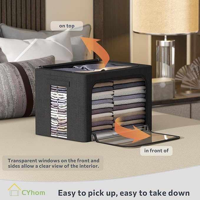 CYhom 3Pack Foldable Storage Bins - Frame Storage Box Linen Fabric Stackable Clothes Container Organizer with Clear Window & Carry Handles Large Capacity (Extra Large-100L, Black)